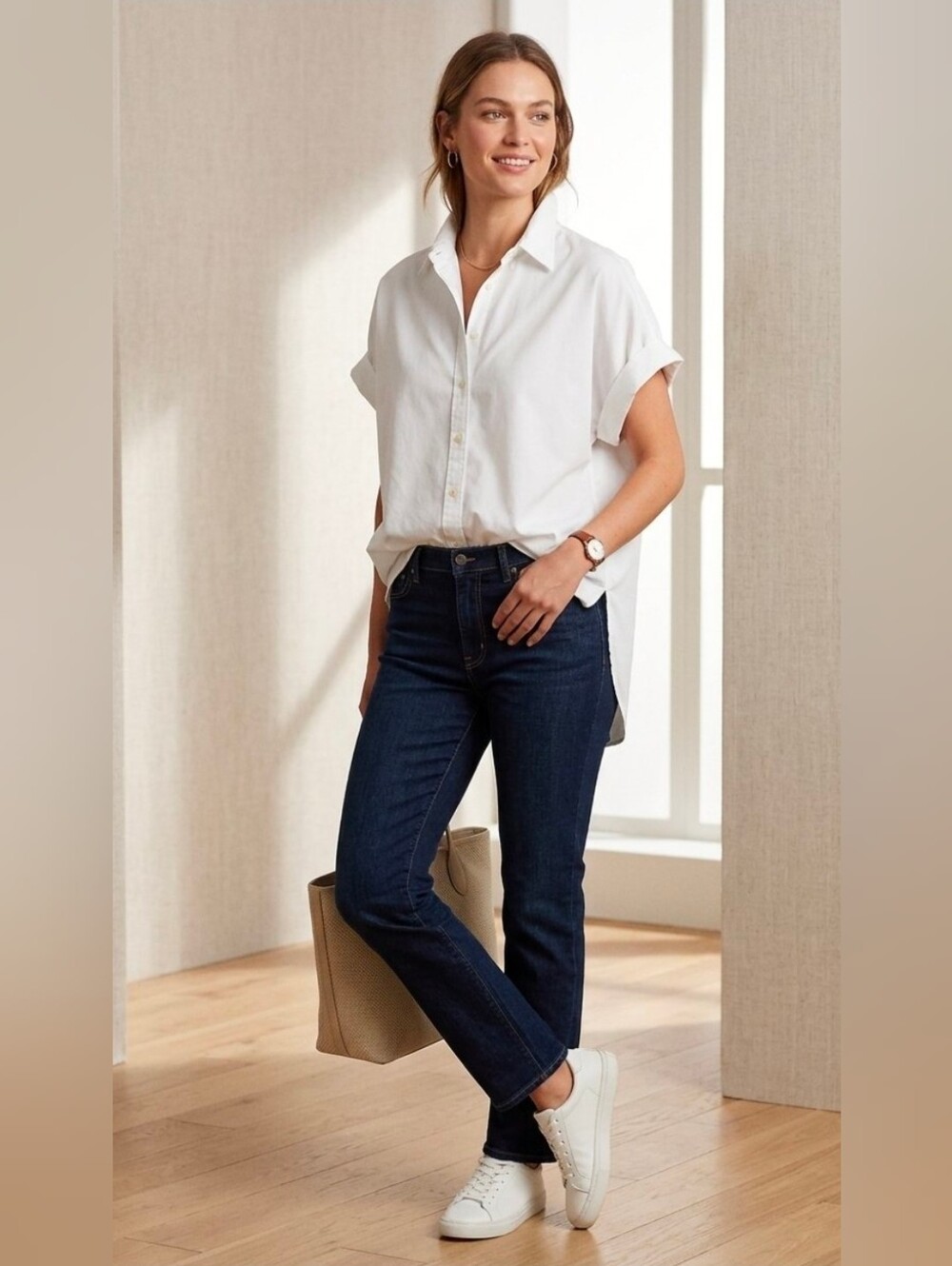 Lauren Ralph Lauren Short Sleeve Button Down White Shirt XL Cuffed Dolman